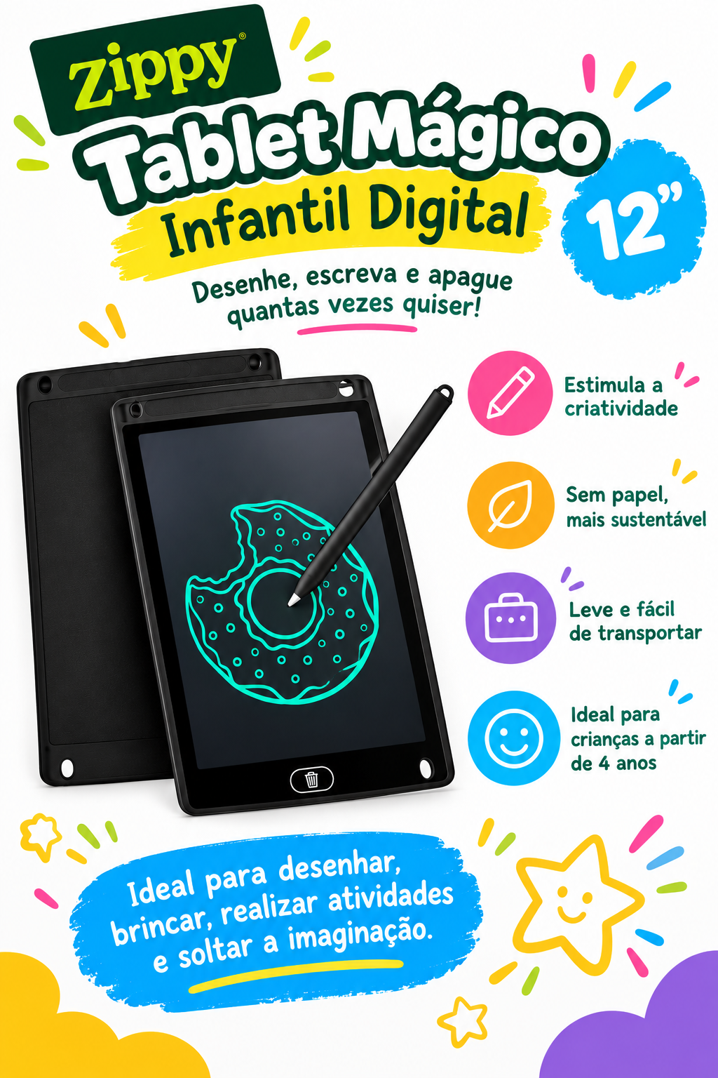 Tablet Mágico Infantil Preto 12” - Zippy Toys - Imagem 2